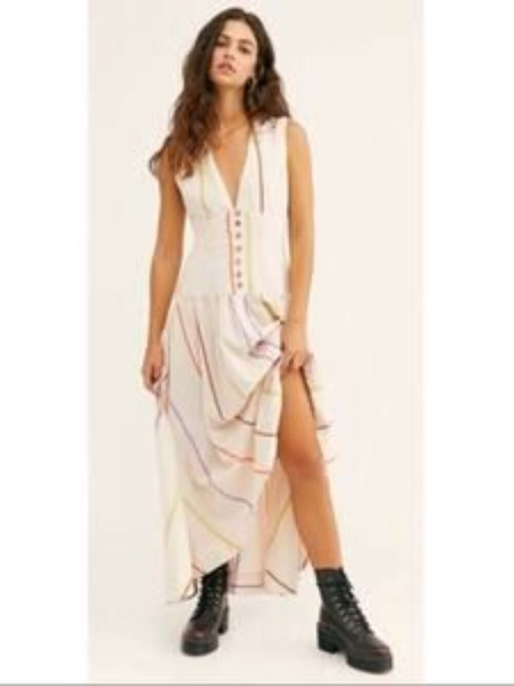Free People Ivory Striped High-Low Maxi Dress | Boho Button Front Resort Dress L - Picture 2 of 7